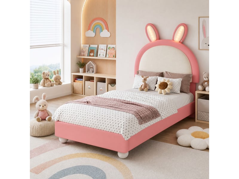  Lit enfant simple 90×200 cm led et tête de lit lapin  - sans matelas, pu rose et blanc  - Conforama C