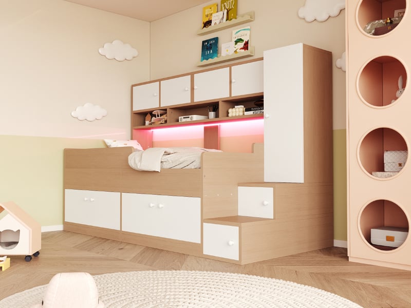  Lit enfant multifonction 90 x 200 cm - gain de place avec rangements intégrés, penderie, étagères et éclairage led  - Conforama W