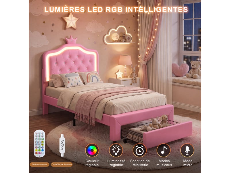  Lit simple 90x200 cm avec lampes led, lit enfant avec tête de lits réglable en hauteur et 1 tiroirs, en cuir avec couronne, pu, rose  - Conforama R