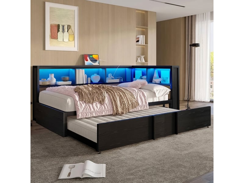  Lit banquette noir 90x200 cm avec lit gigogne, rangements, led et ports usb  - Conforama C
