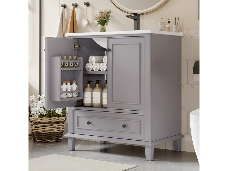  Meuble sous vasque avec 2 portes, 1 tiroir et étagère réglable, vasque en céramique pour salle de bain, 76×46×87 cm  - Conforama C