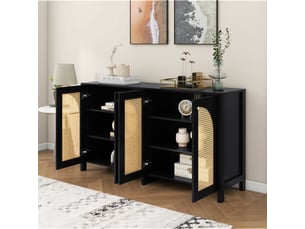 Buffet moderne noir avec 4 portes en rotin synthétique, meuble de rangement pour salle à manger et salon, 145 cm