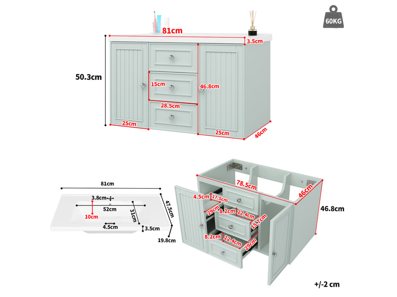  Meuble sous lavabo suspendu avec vasque céramique et 3 tiroirs - lpospi - rangement mdf vert 78,5 × 46 × 46,8 cm  - Conforama D