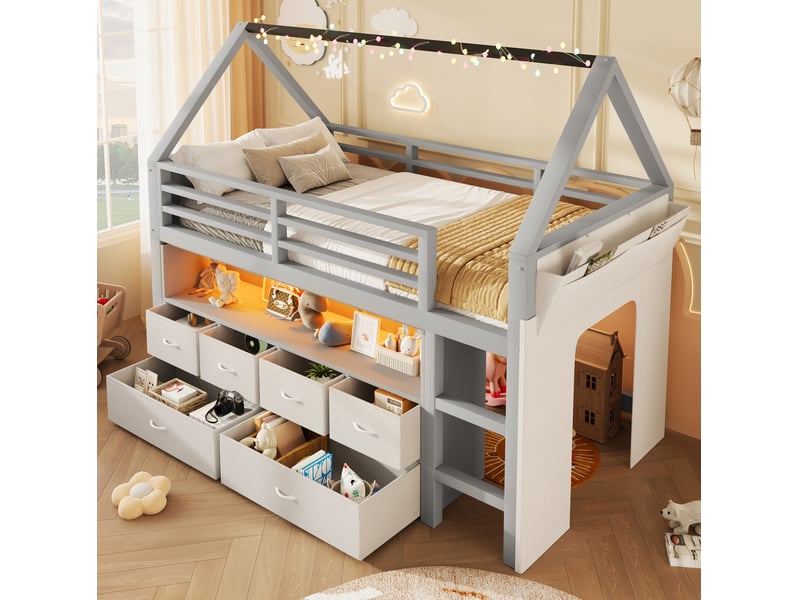  Lit mezzanine enfant 90x200 cm avec led, 6 tiroirs en tissu et rideau gris, sans matelas  - Conforama W