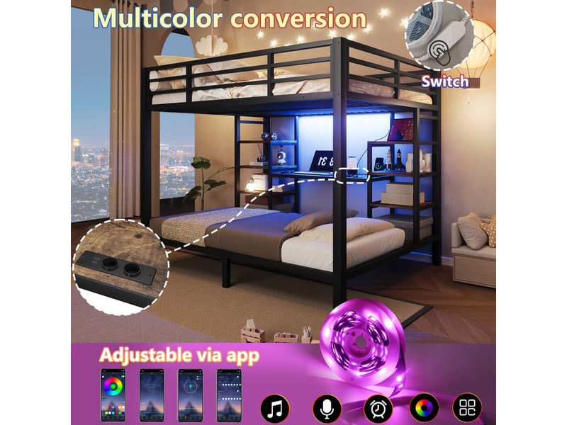  Lit superposé 3 places 140×200 cm et 90×200 cm, led, usb et type-c - okmyhome- sans matelas, noir  - Conforama E