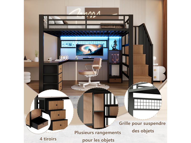  Lit mezzanine 140x200 cm avec bureau led et 4 tiroirs lit enfant avec étagères et échelle en métal et mdf noir BUYDEEMEUS - Conforama E