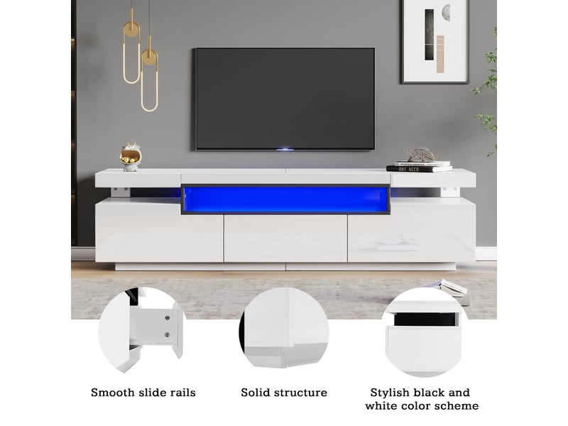 Meuble tv brillant et élégant blanc avec éclairage led 16 couleurs,espace pour télé 70 - 3 tiroirs,160l x 39p x 42h cm,blanc Façade Brillante,avec Lumière - Conforama C