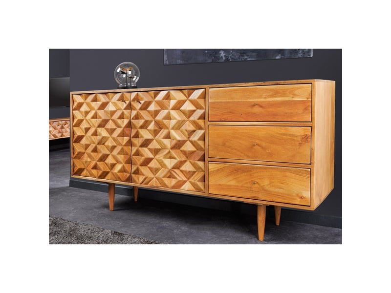  Buffet aravis 145 cm – bois massif acacia clair sculpté – 2 portes et 3 tiroirs  - Conforama B