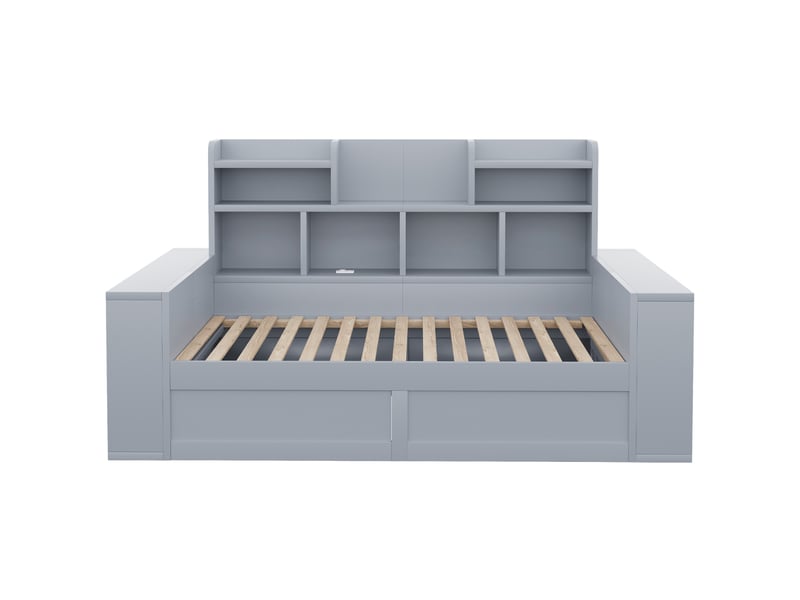 Lit banquette 90x200 cm – gris – rangement hydraulique, led, prises et compartiments – sans matelas - Conforama D