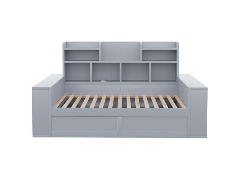  Lit banquette 90x200 cm – gris – rangement hydraulique, led, prises et compartiments – sans matelas  - Conforama D