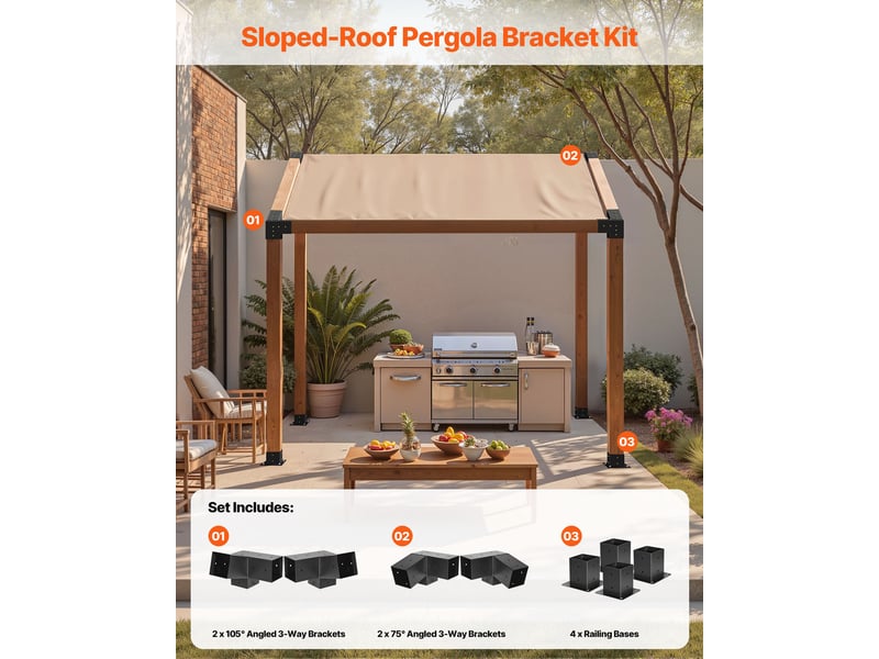 Vevor kit support de pergola, lot de 8, support de poteau bois 92x92 mm, supports deangle a 3 voies, avec 4 bases de poteaux, pour poutres bois standard a toit incline, banquet de fete en plein air - Conforama C