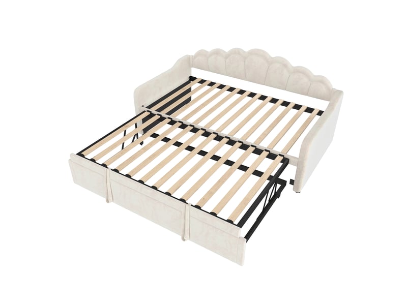  Lit de jour avec lit gigogne 90x200 à 180x200 cm, canapé lit en velours beige, bande led, tête de lit ondulée  - Conforama A