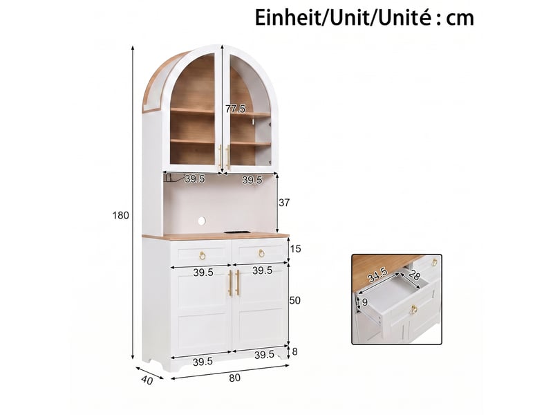 Buffet haut 80x40x180cm, prises et ports usb, 2 tiroirs et espace ouvert en arche, 2 portes vitrées - Conforama D