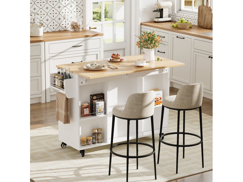 Desserte de cuisine 120x43,5x92,9 cm, plateau rabattable et structure en mdf, meuble de cuisine, blanc et chêne clair - Conforama D