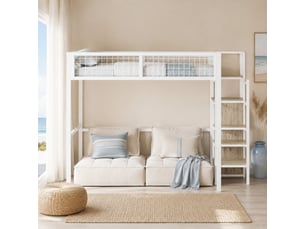 Lit mezzanine 140x200 cm, armoire, meuble de chambre, rangement, lit enfant, échelle incluse, métal, blanc, sans matelas