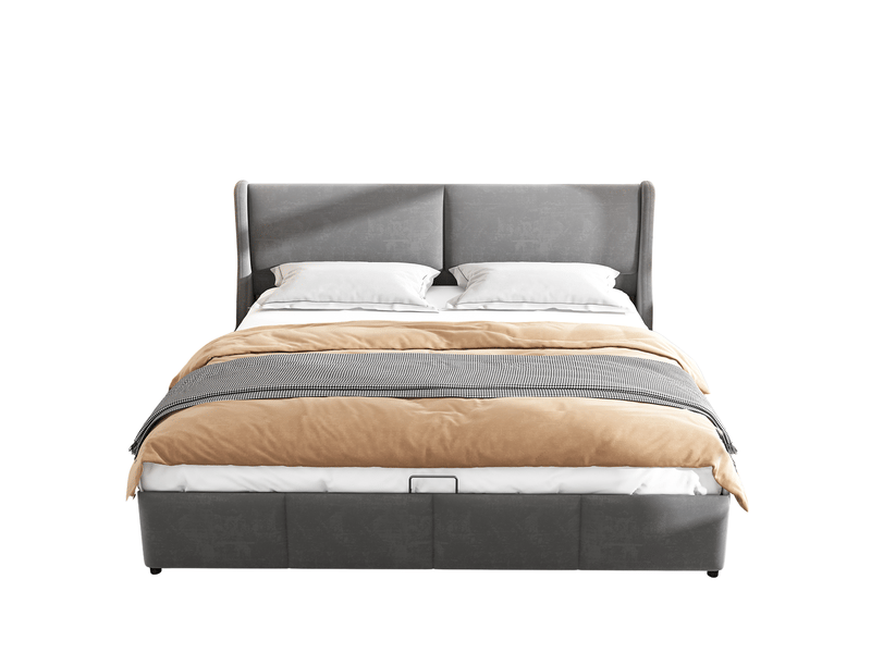 Lit double gris capitonné 160x200 cm avec tête de lit et coffre hydraulique de rangement - Conforama E