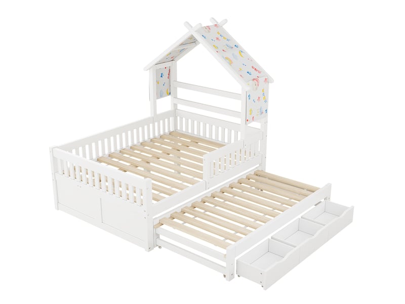  Lit cabane 140x200 cm, lit gigogne, 3 tiroirs, barrières sécurité enfant, chambre enfant, mdf, blanc, sans matelas  - Conforama E