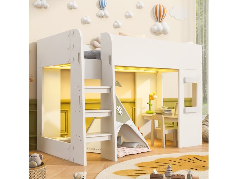 Lit mezzanine 90 × 200 cm avec bureau, led et grande barrière, sans matelas, lit junior blanc - Conforama D