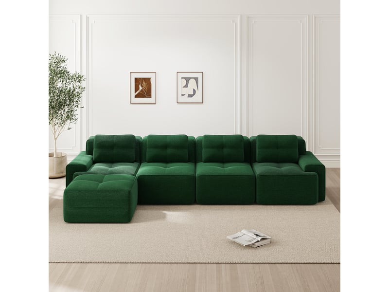  Canapé d'angle modulaire ulevr 4 places avec méridienne, velours côtelé vert, assise profonde 74 cm, 382 x 177 x 69 cm  - Conforama D