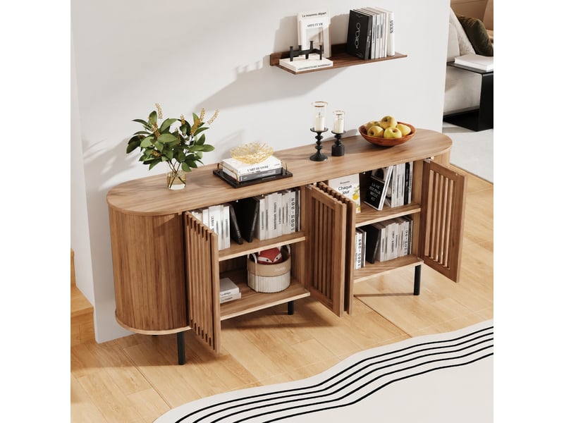  Buffet 160 cm avec portes coulissantes, étagères réglables, pieds métal, bois naturel  - Conforama D