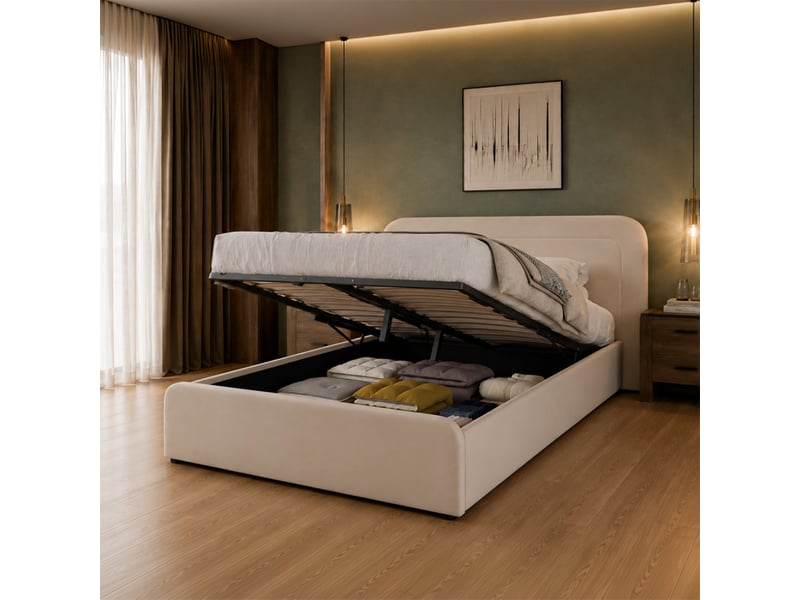 Lit avec coffre de rangement 140x190cm en velours beige boise  - Conforama E