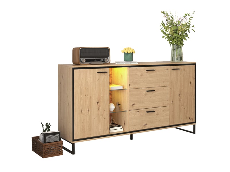Buffet avec une belle texture et des compartiments de rangement - élégant et pratique, noir et bois - Conforama A