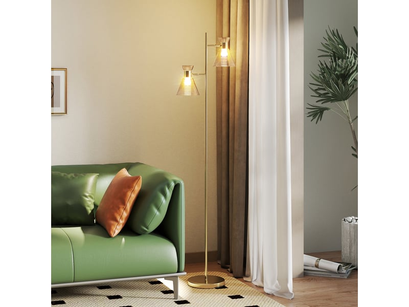  Lampadaire sur pied salon à double tête réglable, lampe sur pied, abat-jour en verre floral, 42 x 25 x 165 cm, doré  - Conforama C