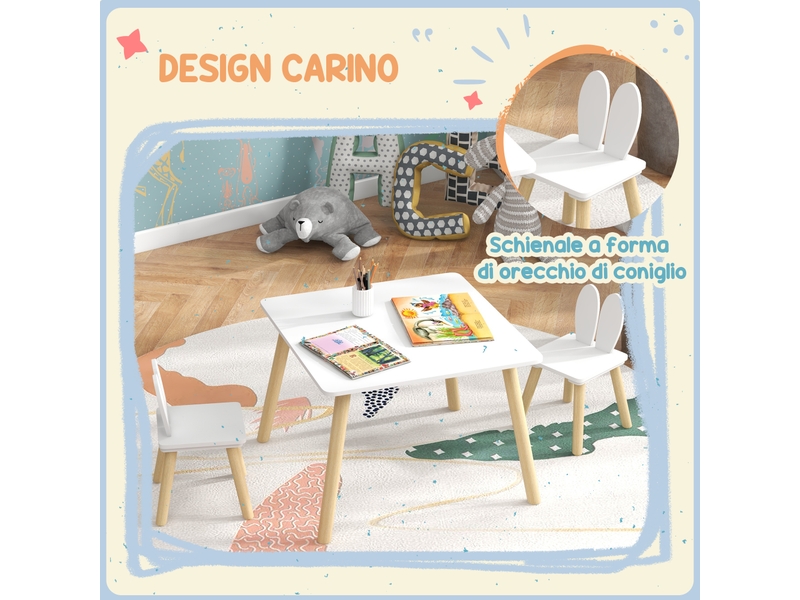  Ensemble table et 2 chaises pour enfants avec dossier oreilles de lapin, 3-6 ans, blanc  - Conforama E