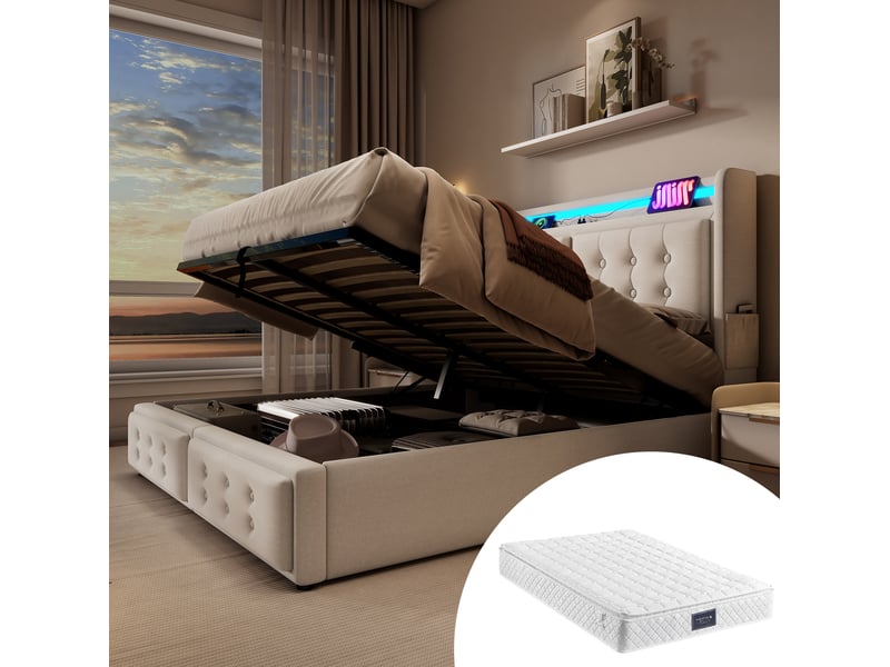  Lit coffre 140 × 200 cm 2 places avec led, usb, type c et 2 prises, matelas inclus, coton lin beige  - Conforama B