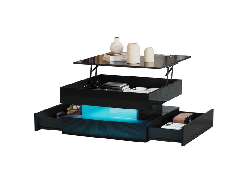  Table basse relevable avec 2 tiroirs, rangement dissimulé, led et plateau haute brillance, pour salon, 65 × 65 × 38,5 cm  - Conforama A