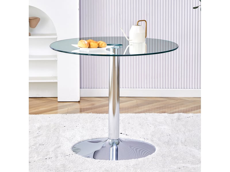  Table de salle à manger pour 4 personnes avec plateau rond en verre et piètement métal argenté 85 × 76 cm  - Conforama E