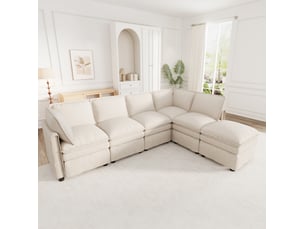 Canapé d'angle modulable convertible avec fonction couchage et pouf mobile en chenille beige