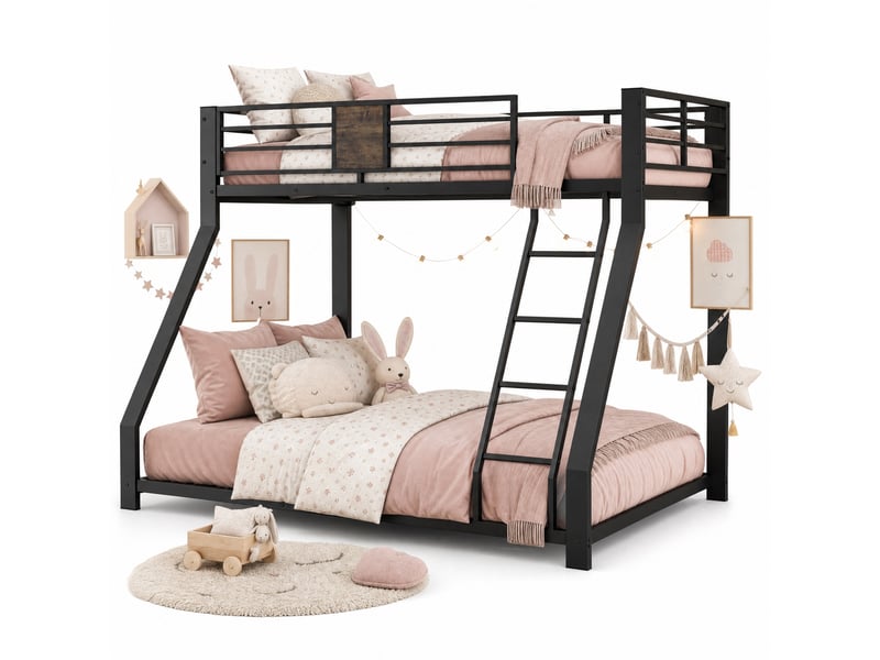  Lit superposé en métal noir, couchages 90x200 et 140x200 cm, échelle réversible  - Conforama A