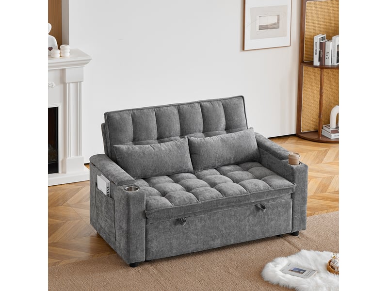 Canapé-lit 3-en-1 142x89x89 cm convertible, 2 porte-gobelets, rangements, chenille, gris sans matelas  - Conforama B
