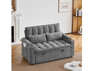 Canapé-lit 3-en-1 142x89x89 cm convertible, 2 porte-gobelets, rangements, chenille, gris sans matelas