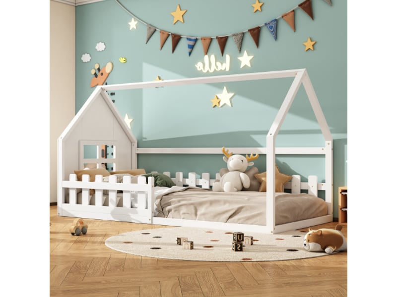  Lit cabane 90x200 cm, lit enfant avec barriéres de sécurité, cadre de lit en pin, blanc, sans matelas  - Conforama B