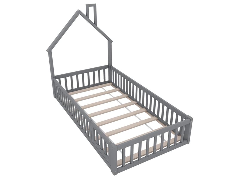  Lit enfant 90x200cm, lit cabane bois forme cheminée, barrières sécurité, sommier lattes, gris  - Conforama W
