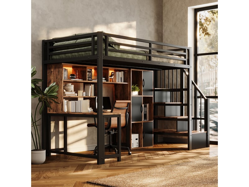  Lit mezzanine 90 x 200 cm avec bureau, led et escalier avec rangement, lit simple en métal noir avec étagères et placards intégrés  - Conforama B