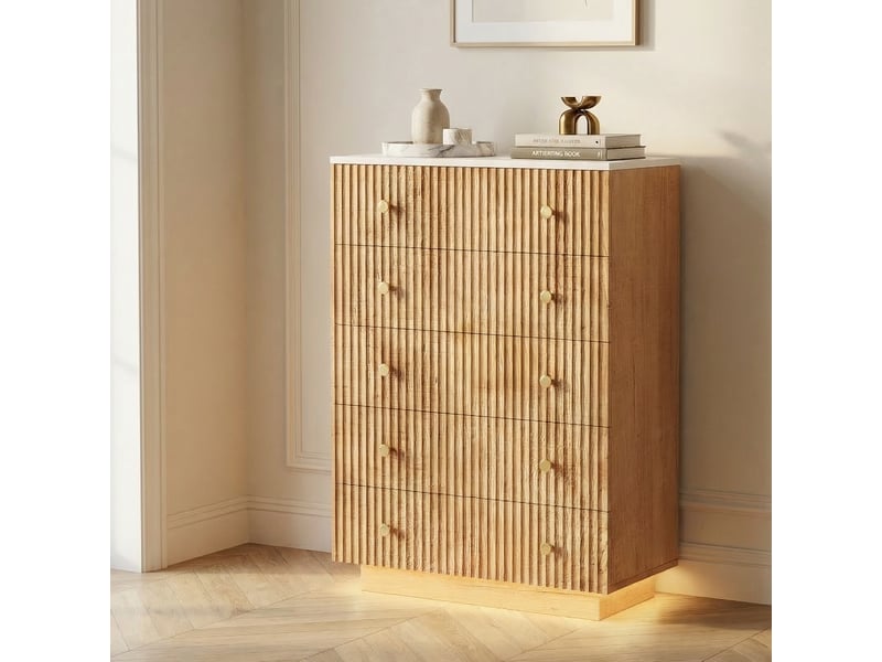 Commode chambre 5 tiroirs, commode bois, éclairage led et grande capacité, meuble de rangement 73x40x111 cm, chêne clair - Conforama B