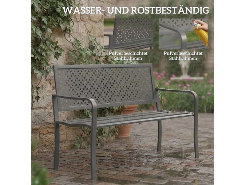 Banc de jardin 2 places en acier gris foncé, dossier géométrique anti-rouille, résistant aux intempéries  - Conforama D