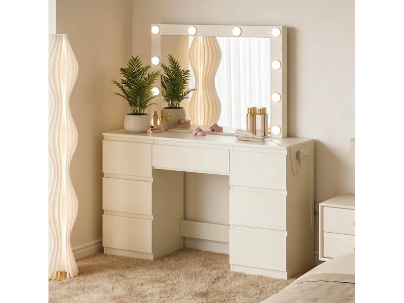  Table de maquillage 110x39,5x140,5 cm avec miroir led et prises bois blanc  - Conforama B