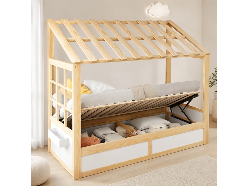  Lit cabane enfant 90 × 200 cm 1 place avec coffre hydraulique et rangements latéraux, sans matelas, blanc et bois  - Conforama B
