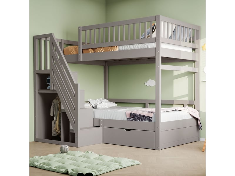  Lit superposé 90x200, sécurité renforcée lit superposé enfant, bois massif, échelle rangement, tiroirs, sommier  - Conforama B