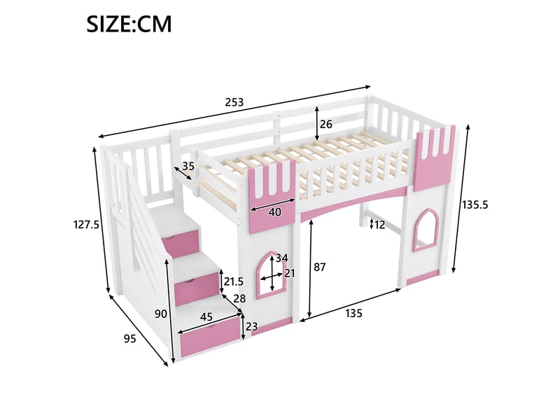  Lit mezzanine 90x200 cm avec escalier de rangement et 2 fenêtres en pin et mdf blanc et rose  - Conforama E