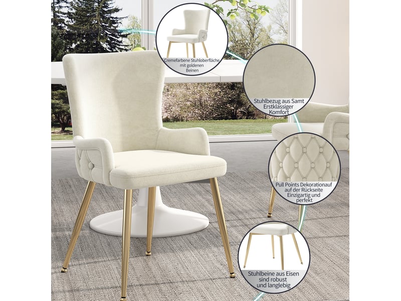  Lot de 2 chaises 55x45x85cm avec pieds en métal, polyvalentes, douces et confortables, velours, beige et doré  - Conforama D