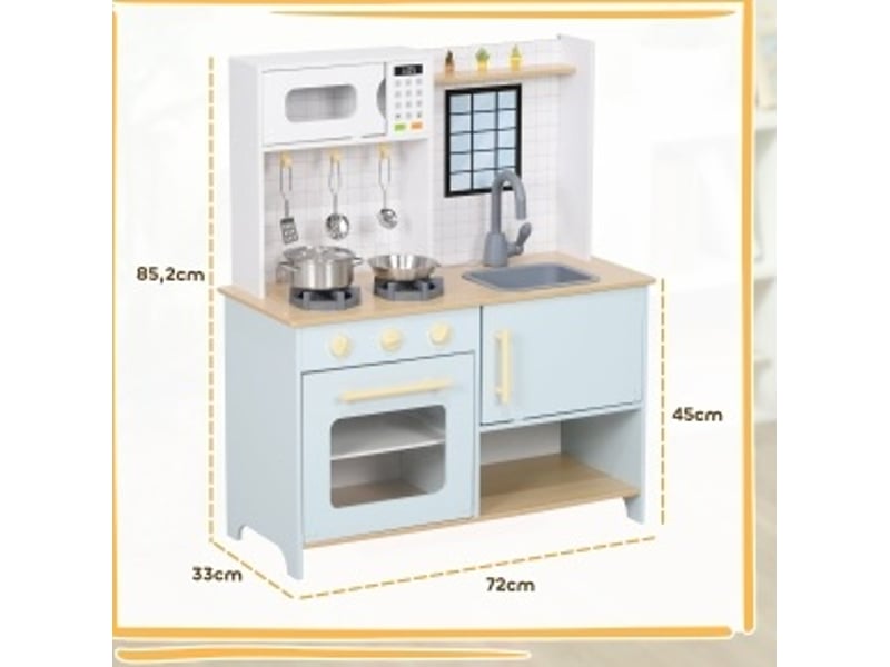  Cuisine enfant jouet 72x33x85.2 cm avec micro-ondes, plaque de cuisson et four, mdf, acier inoxydable, bleu  - Conforama E