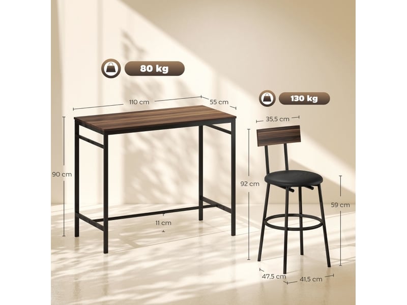  Ensemble de table et 4 chaises de bar industrielles 5 pièces, design industriel, cuisine et salle à manger, bois, acier, marron  - Conforama E