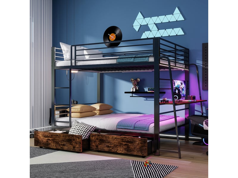  Lit superposé 140x200 cm avec bureau, 2 tiroirs, led rgb et prises, noir  - Conforama D