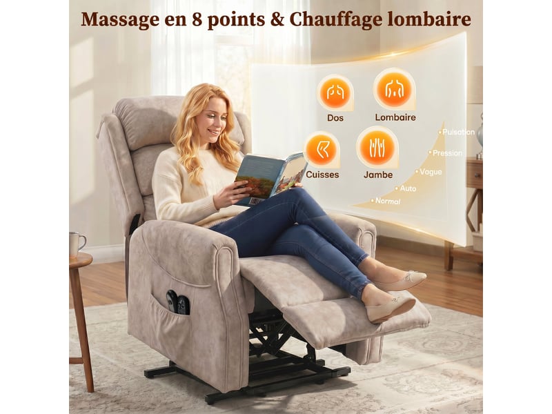  Fauteuil releveur électrique massage par vibrations et chaleur, fauteuil relax électrique en velours, 80x160x82cm, beige Z-713-209V90CW - Conforama E