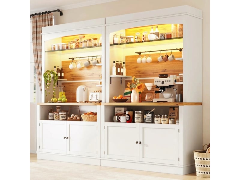  Lot de 2 buffets de cuisine hauts blancs 184 cm avec led et étagères en verre  - Conforama B